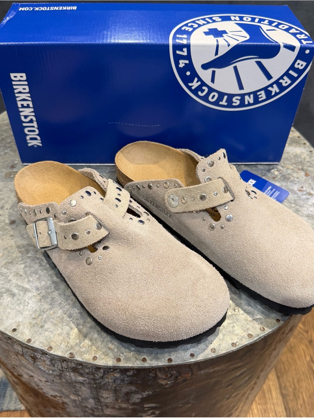 Birkenstock Beige Suede Clogs with Studded Strap
